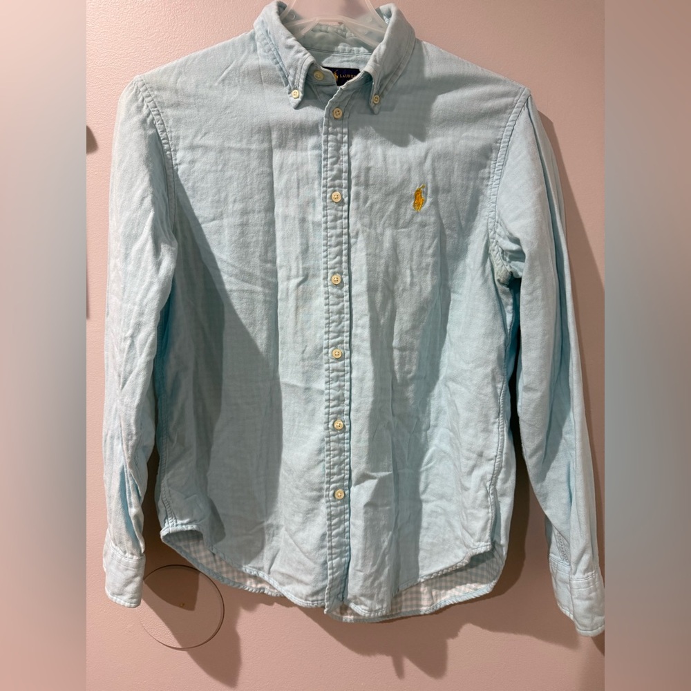 Ralph Lauren Mens Shirt L Blue Button Down Blue Check Lining Yellow Pony